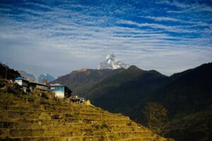 Terraced village with Machhapuchhre peak view on the Annapurna Trek