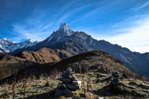 Stone cairns with view of Machhapuchhre (Fishtail) peak on the Mardi Himal Trek