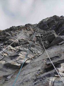 Fixed ropes on rocky section of Island Peak climb