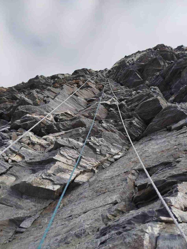 Fixed ropes on rocky section of Island Peak climb